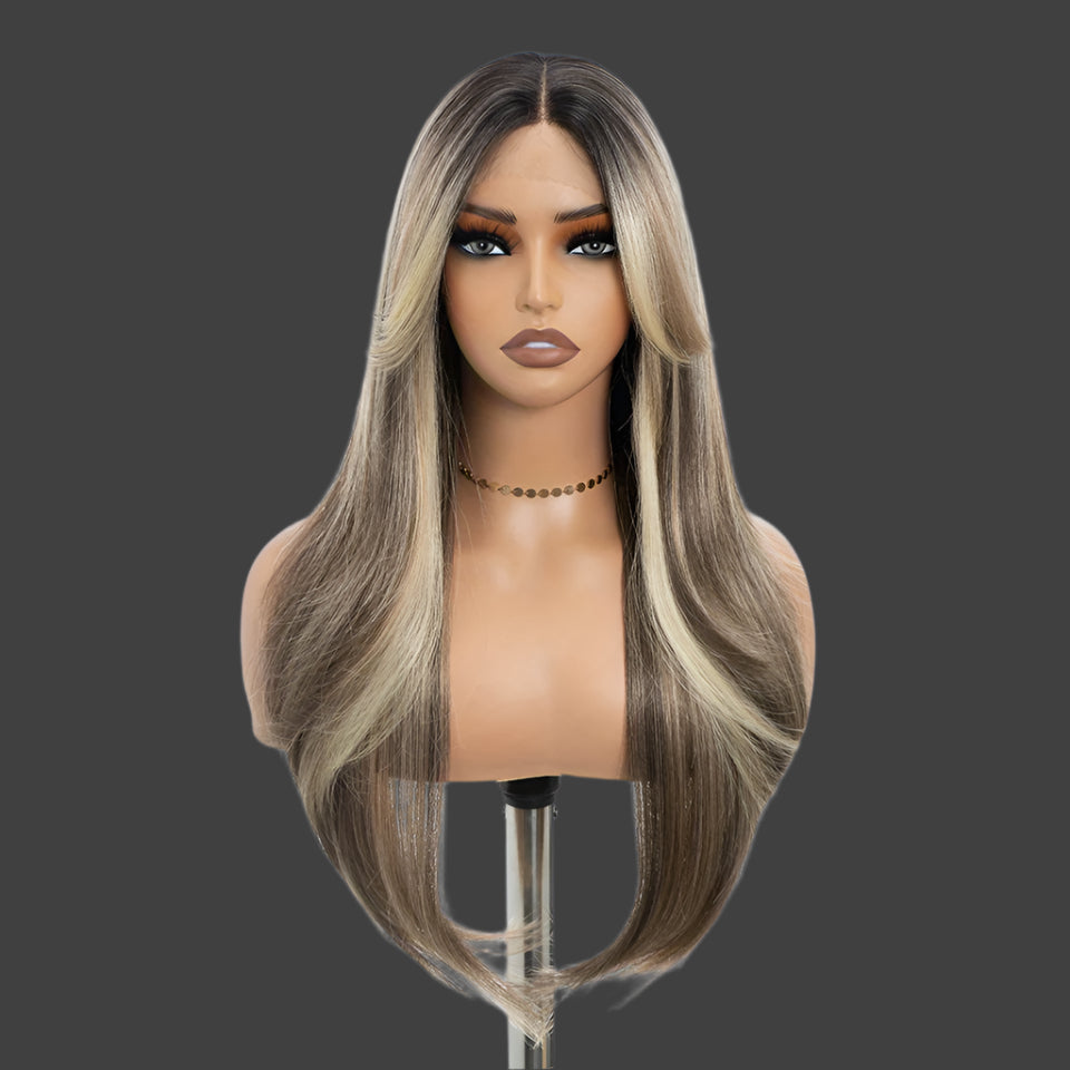 150% Density 26 Inch Layered Long Lace Front Straight Wigs for Women Natural Looking Trendy Gorgeous Fluffy Wigs with Curtain Bangs for Back To School Summer Hairstyles