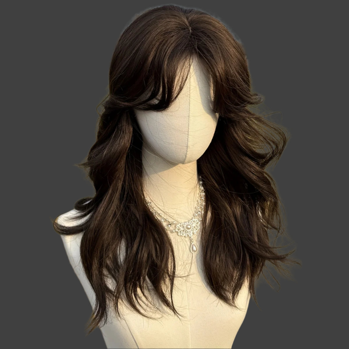 Dark Brown Long Curly Wavy Wig with Bangs - Heat-Resistant Synthetic Hair for Women, 150% Density Rose Net Cap, Beginner-Friendly Body Wave Texture, Elegant Everyday Style & Versatile Hairpiece for All Ethnicities, Hair Wig, Heatresistant Fiber