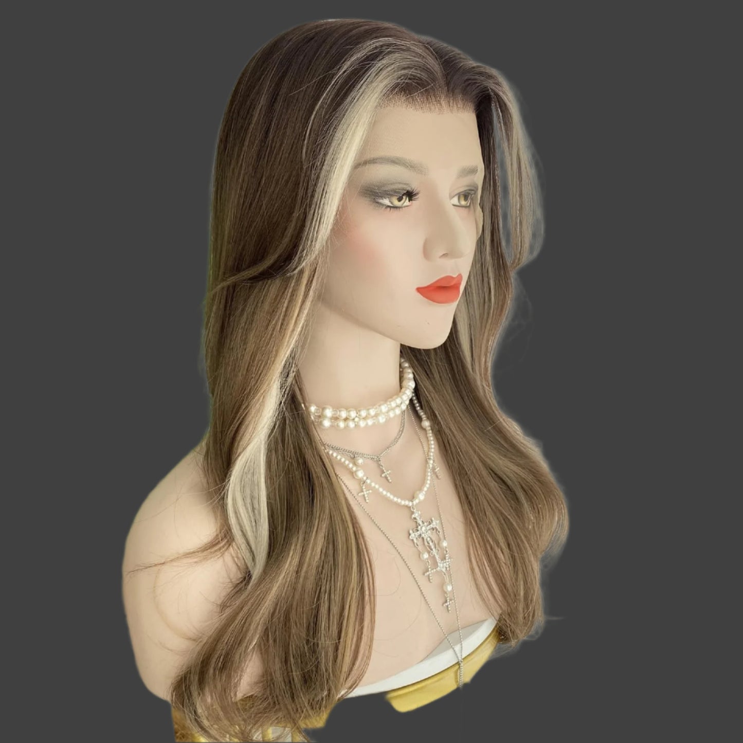 AKA: SAM. Pastel Brown Wigs Highlight Blonde with Curtain Bangs 13x4 Lace Front Wig Long Natural Wavy Synthetic Fiber 20Inch Pre Plucked Hairline for Women