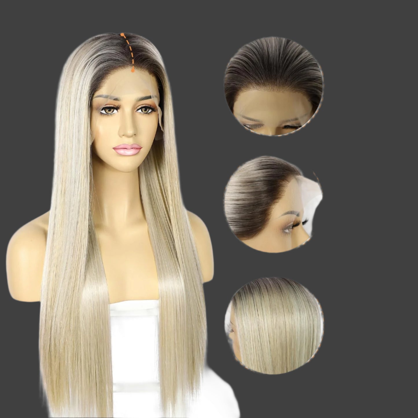 AKA: LYDIA FALL AND LYDIA BLONDE. 13×6 Straight Synthetic Lace Front WigHighlight Wig Ombre Platinum Blonde Wigs with Brown Pre-plucked Hairline Heat Resistant Wig for Daily Use 26 Inches