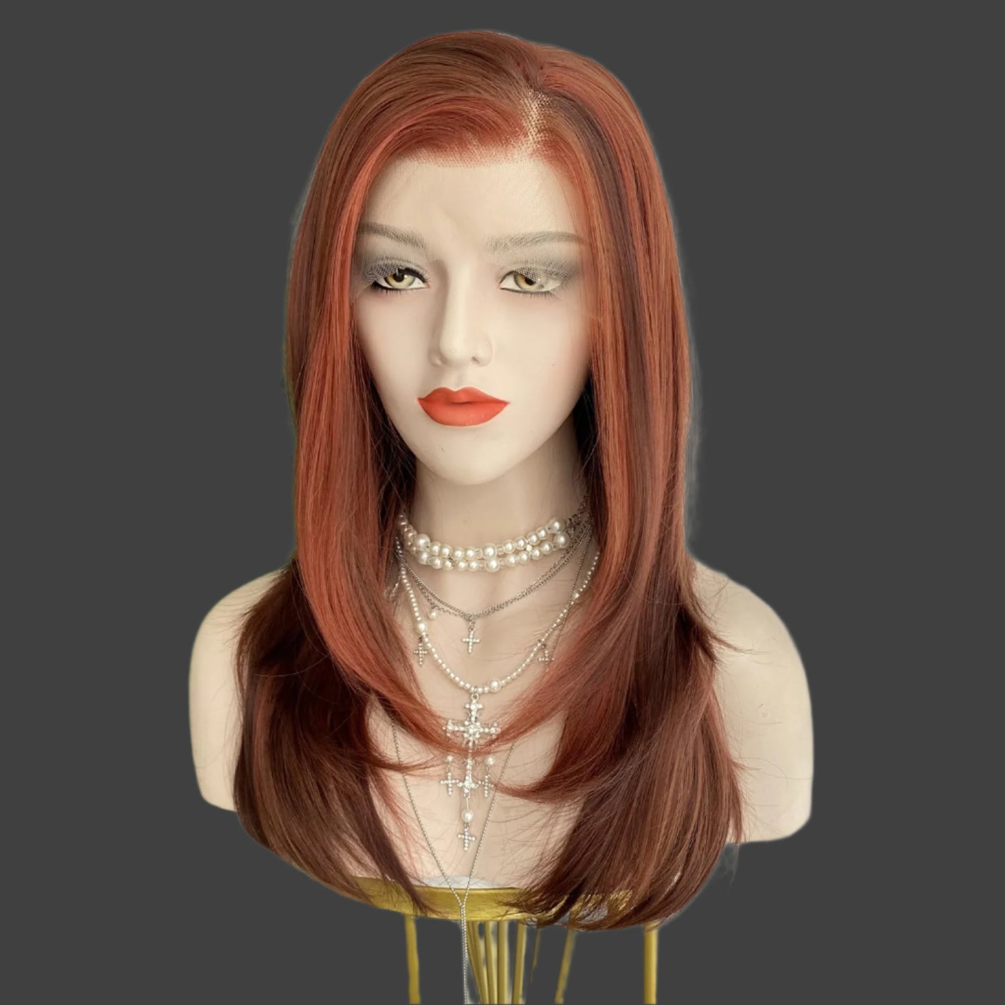 AKA BOONE COPPER. Copper Orange Red Wig Mixed Brown Highlight Long Layered Shoulder Length 13x4 Synthetic Fiber Lace Front Wig 18Inch Pre Plucked Hairline for Women