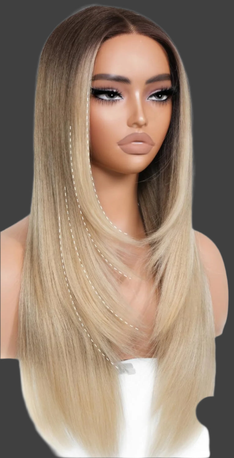 Ombre Blonde Wear and Go Glueless Wigs Pre Plucked Pre Cut for Beginners Synthetic Lace Front Wigs With Bangs Blonde Long Layered Straight Wigs 26 Inch 3 Seconds to Wear for Beginners