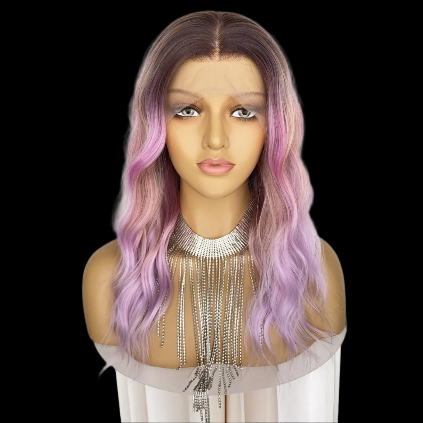 AKA; ROSALEE. Ombre Pinkish Mixed Purple Wig Rainbow Colored Highlight Synthetic Hair Pastel Rose Pink 13x4 Lace Front Wigs Loose Wavy 18Inch for Women Girls
