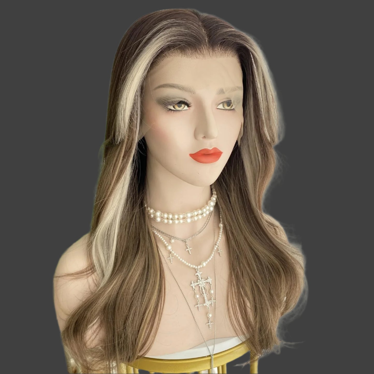 AKA: SAM. Pastel Brown Wigs Highlight Blonde with Curtain Bangs 13x4 Lace Front Wig Long Natural Wavy Synthetic Fiber 20Inch Pre Plucked Hairline for Women