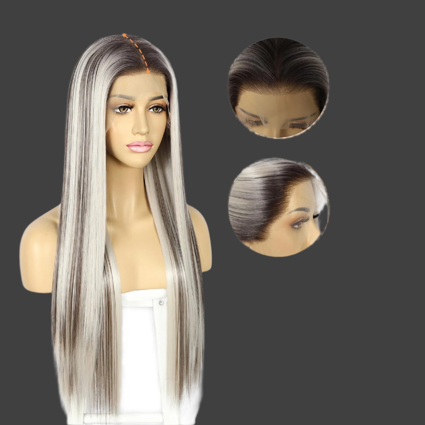 AKA: LYDIA FALL AND LYDIA BLONDE. 13×6 Straight Synthetic Lace Front WigHighlight Wig Ombre Platinum Blonde Wigs with Brown Pre-plucked Hairline Heat Resistant Wig for Daily Use 26 Inches