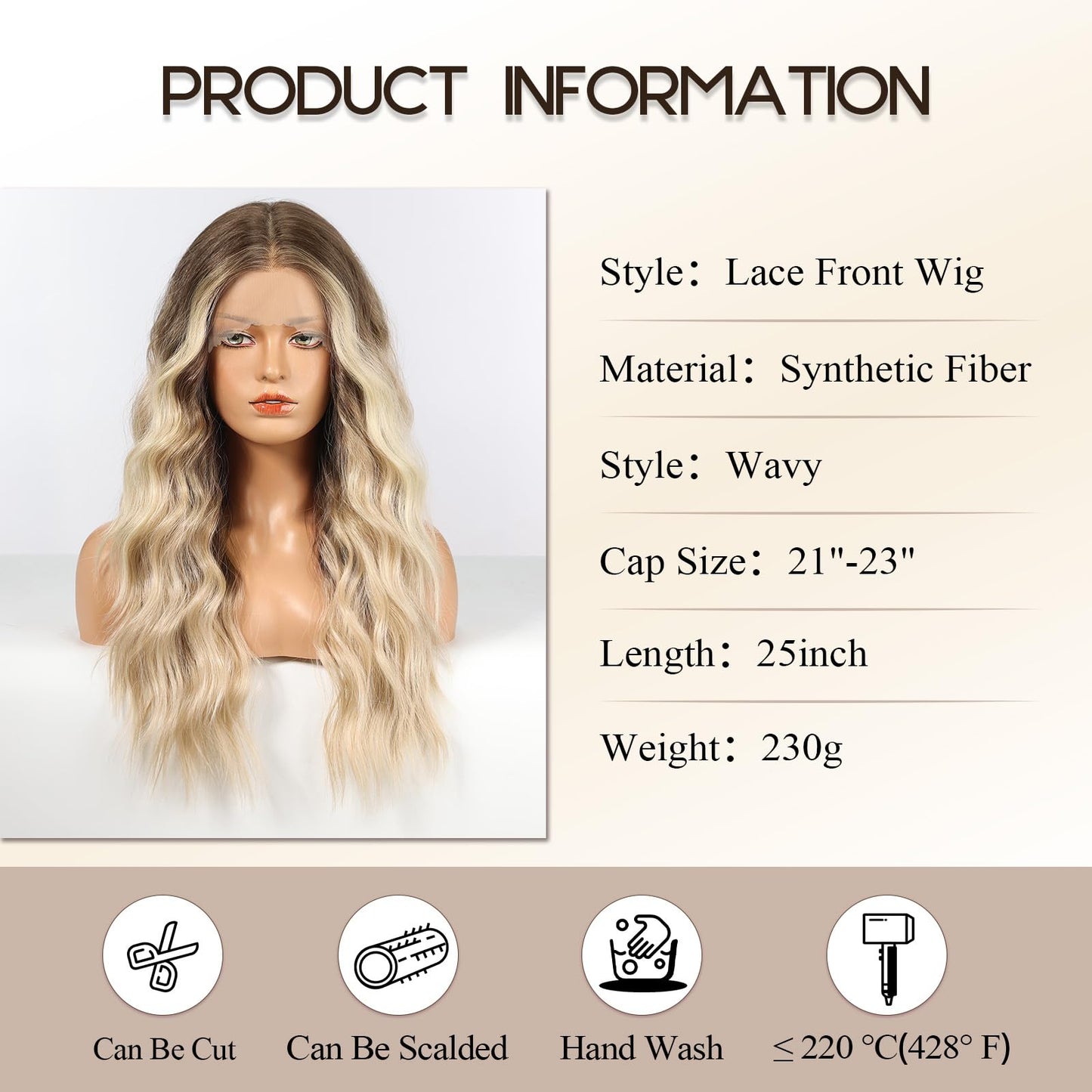 Long Ombre Blonde Lace Front Wig for Women,25 Inch Natural Wavy Daily Hair Synthetic Lace Wigs Middle Part,Hand Tied/Longlife/Lightweight