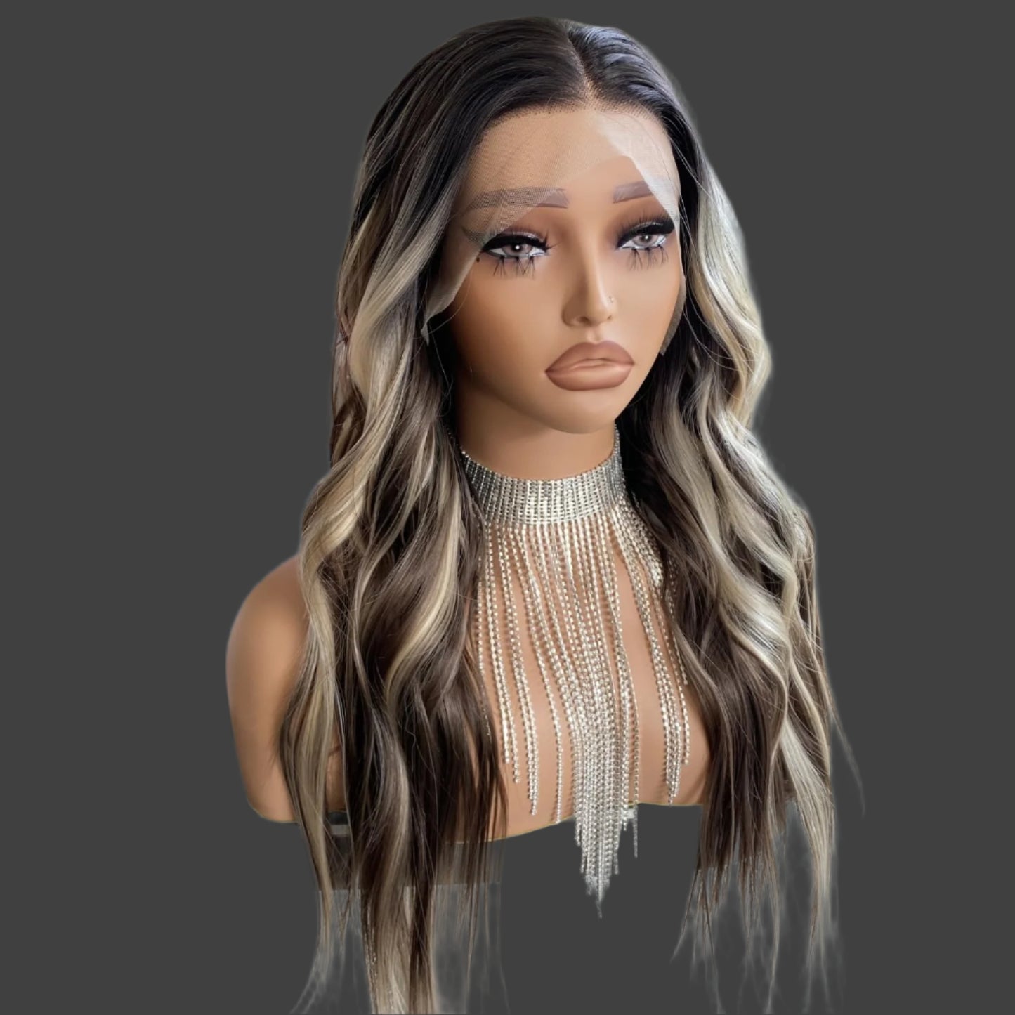 AKA SHERRY BROWN WITH LIGHTS. Brown Highlight Blonde Wig Ombre Dark Root 13x4 Lace Front Wigs Pre Plucked Long Loose Wave Platinum Synthetic Fiber Hair 20Inch for Women