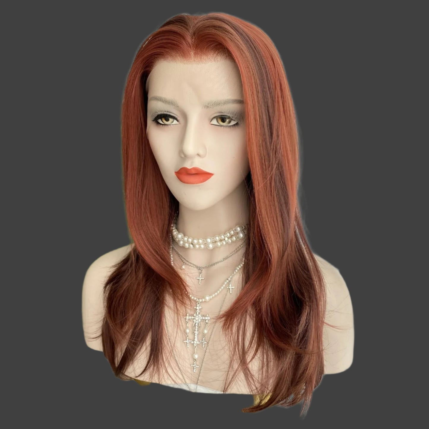 AKA BOONE COPPER. Copper Orange Red Wig Mixed Brown Highlight Long Layered Shoulder Length 13x4 Synthetic Fiber Lace Front Wig 18Inch Pre Plucked Hairline for Women