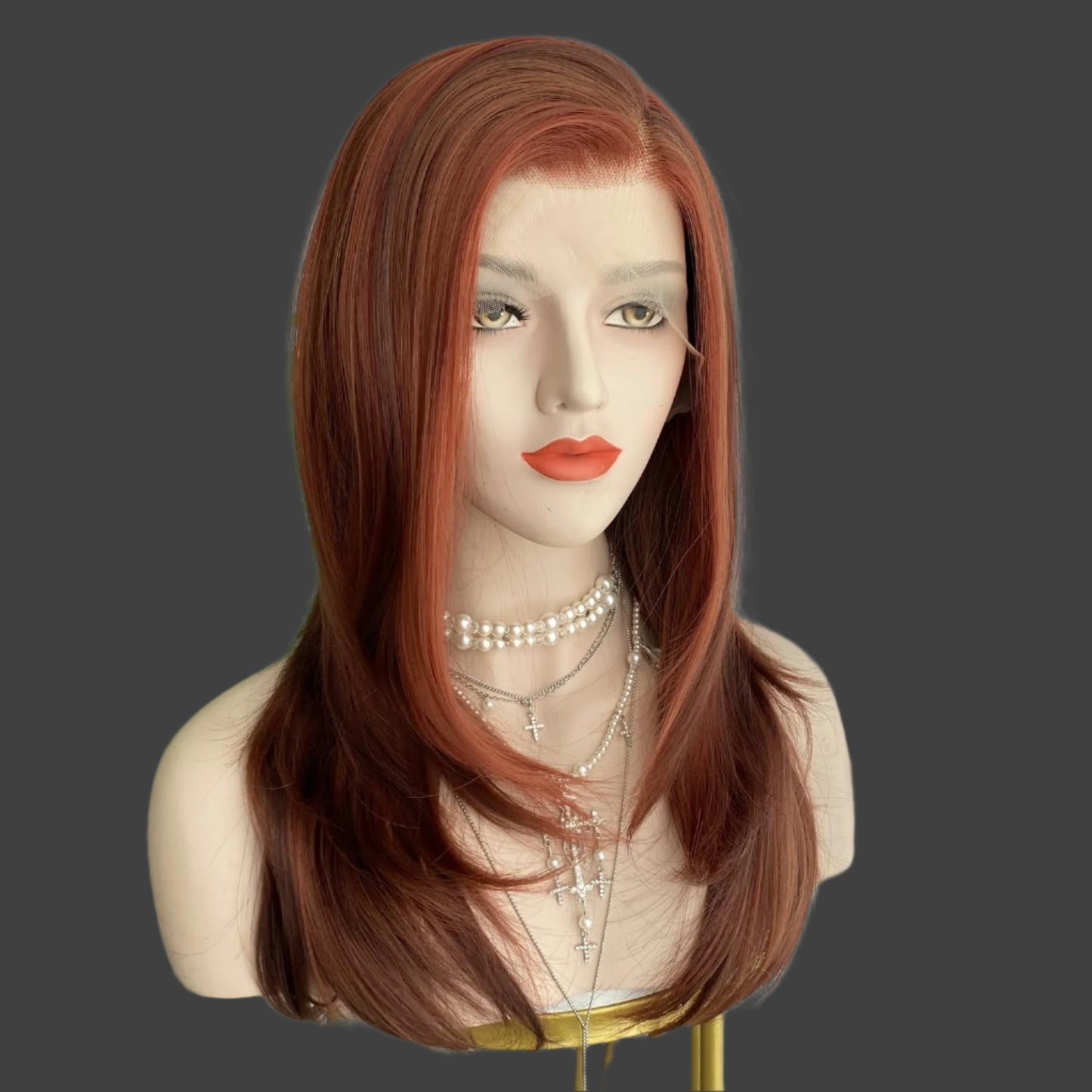 AKA BOONE COPPER. Copper Orange Red Wig Mixed Brown Highlight Long Layered Shoulder Length 13x4 Synthetic Fiber Lace Front Wig 18Inch Pre Plucked Hairline for Women