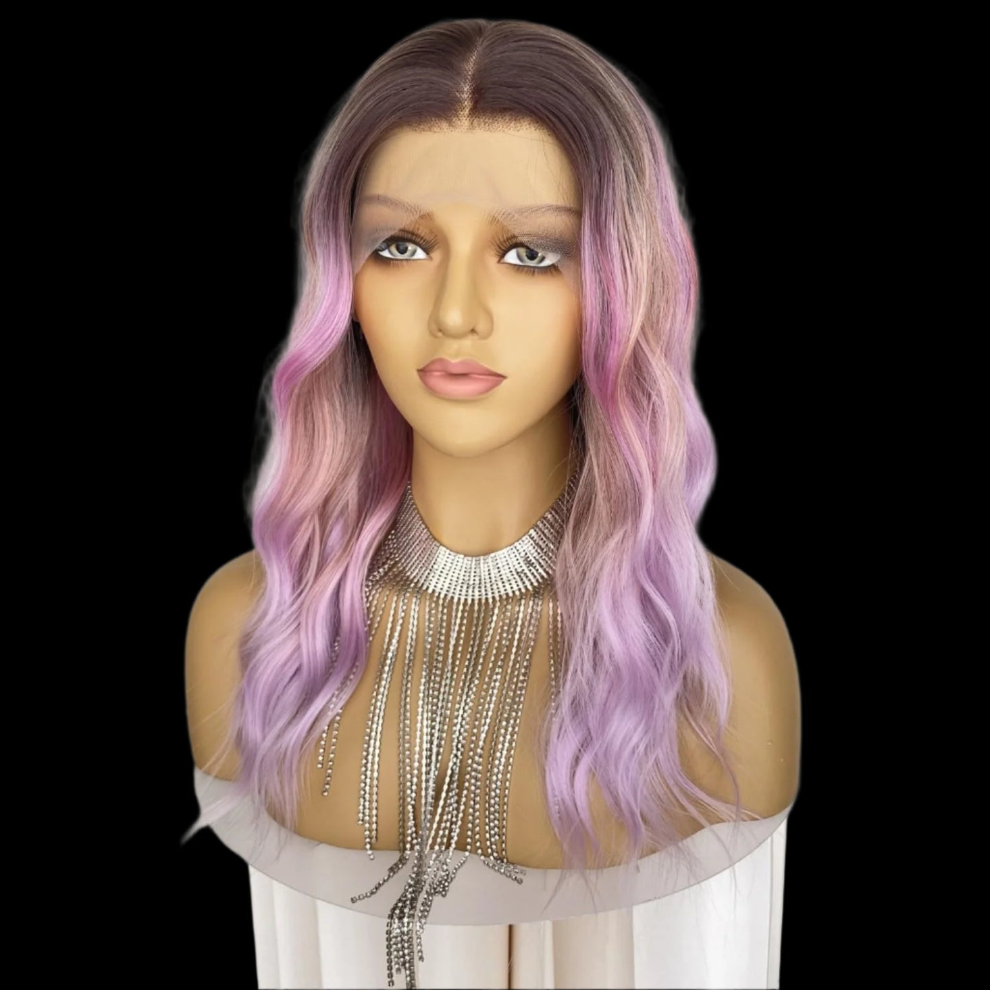 AKA; ROSALEE. Ombre Pinkish Mixed Purple Wig Rainbow Colored Highlight Synthetic Hair Pastel Rose Pink 13x4 Lace Front Wigs Loose Wavy 18Inch for Women Girls