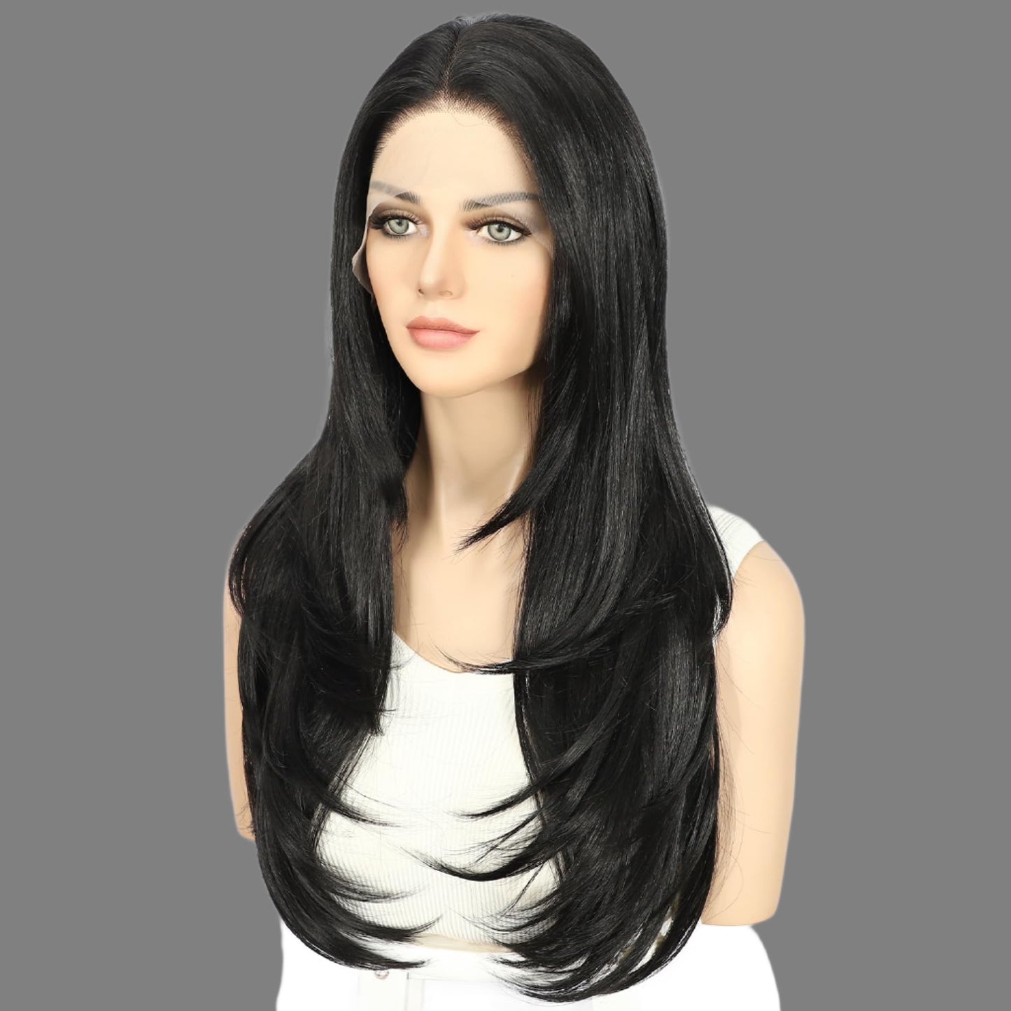 AKA NANCY. Straight Lace Front Wig 13x4 Natural Black Synthetic Lace Front Yaki Straight layered Wigs Middle Heat Resistant Hair Cosplay Daily Party Wig Natural Looking 20 Inch