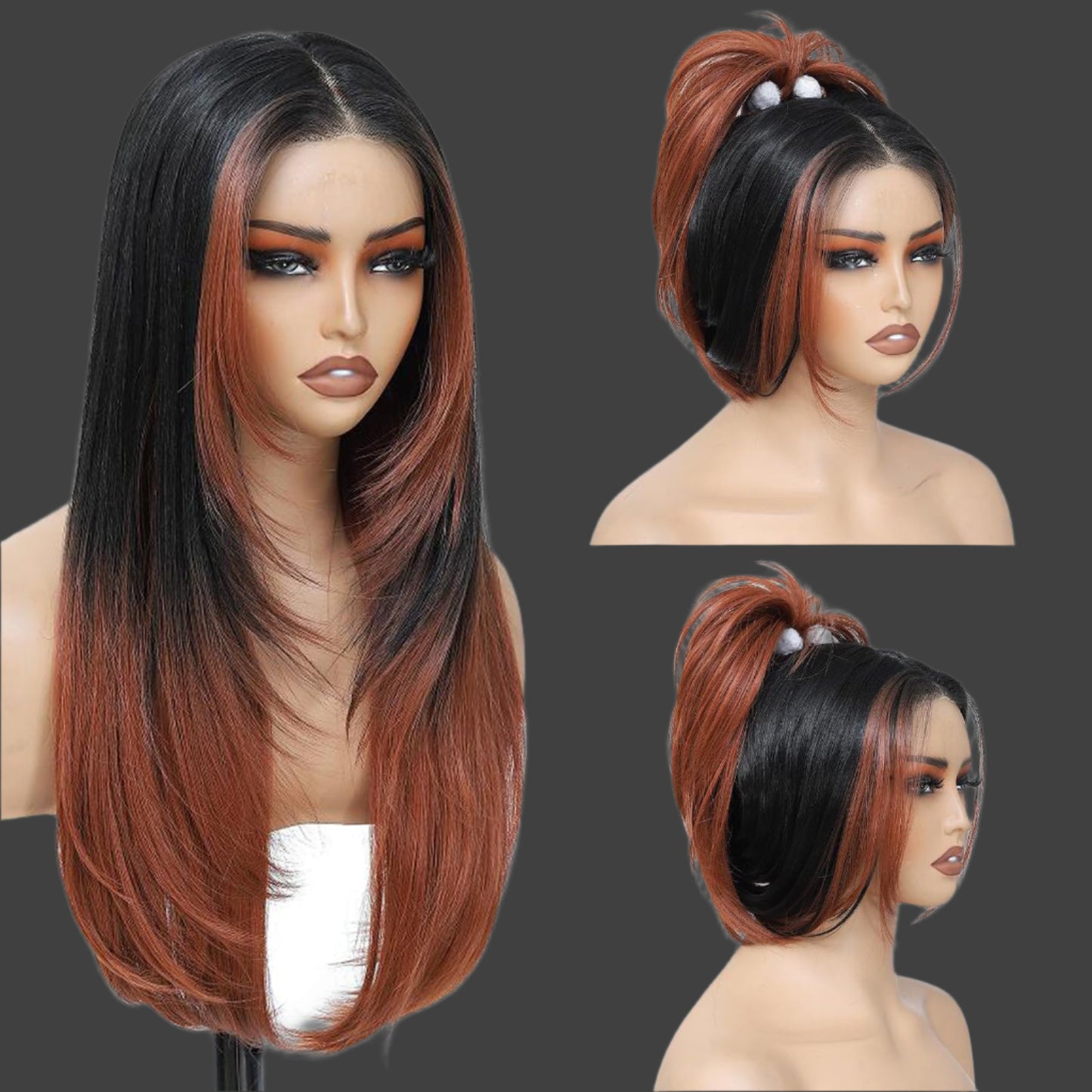 Synthetic Lace Front Wig Pre Cut Lace Glueless Wig Wear And Go 13X4X1 Inch HD Lace Layered Wig Pre Plucked Pre Bleached Glueless Wig Synthetic Wigs For Women Auburn Brown Black Root(2/30)26 Inch