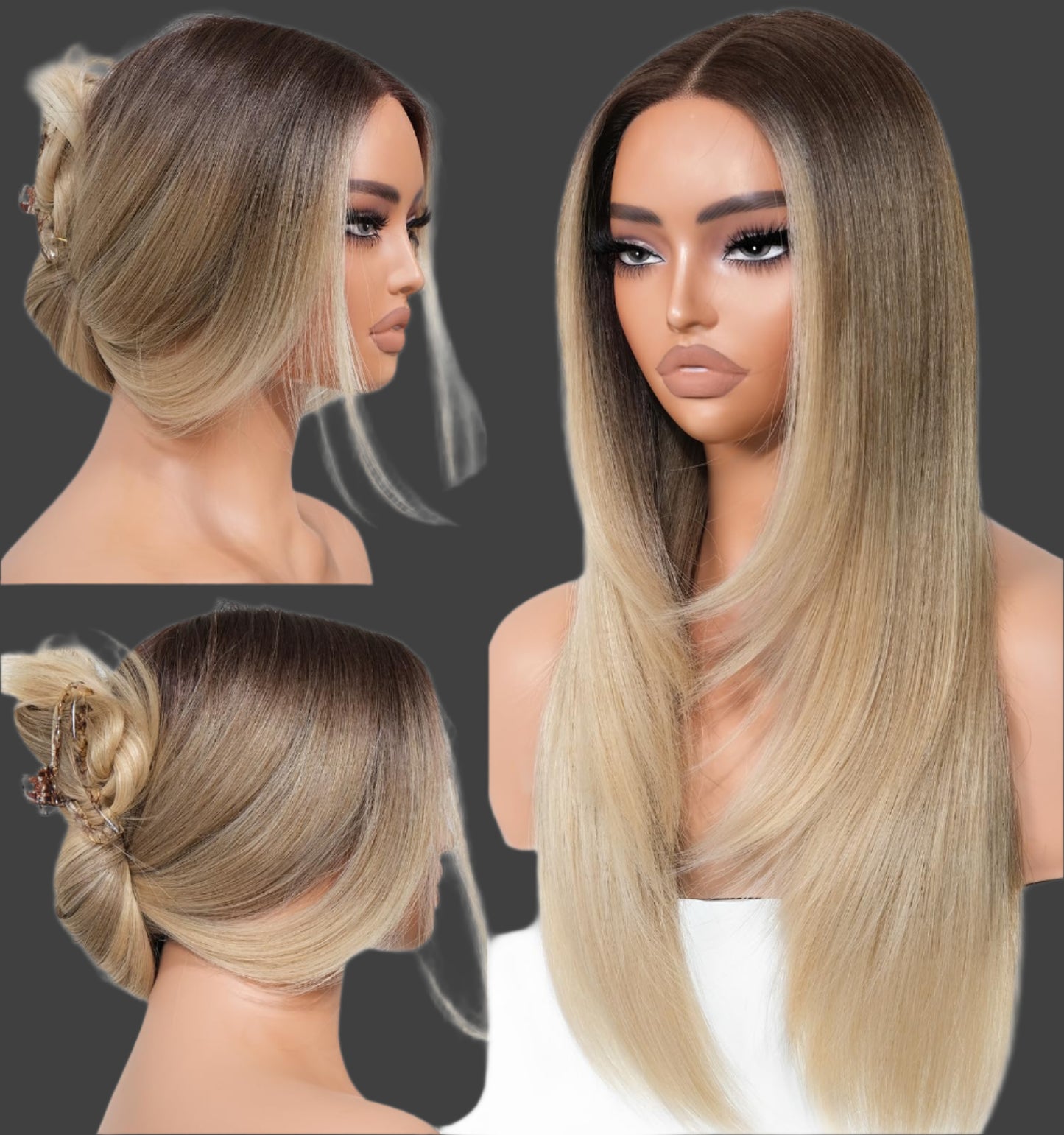 Ombre Blonde Wear and Go Glueless Wigs Pre Plucked Pre Cut for Beginners Synthetic Lace Front Wigs With Bangs Blonde Long Layered Straight Wigs 26 Inch 3 Seconds to Wear for Beginners
