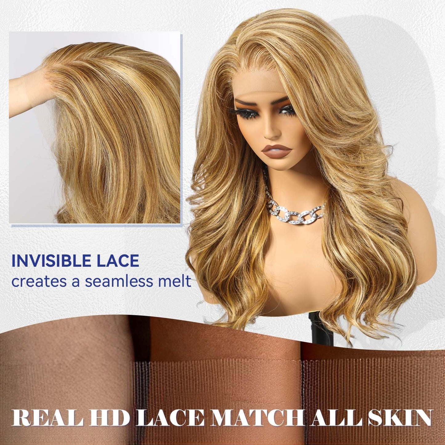 13x6 HD Synthetic Lace Front Wig, 24 Inch Blonde Highlights Long Curly Layered Wigs, Natural Density Hairline Glueless Wigs for Women Daily Use
