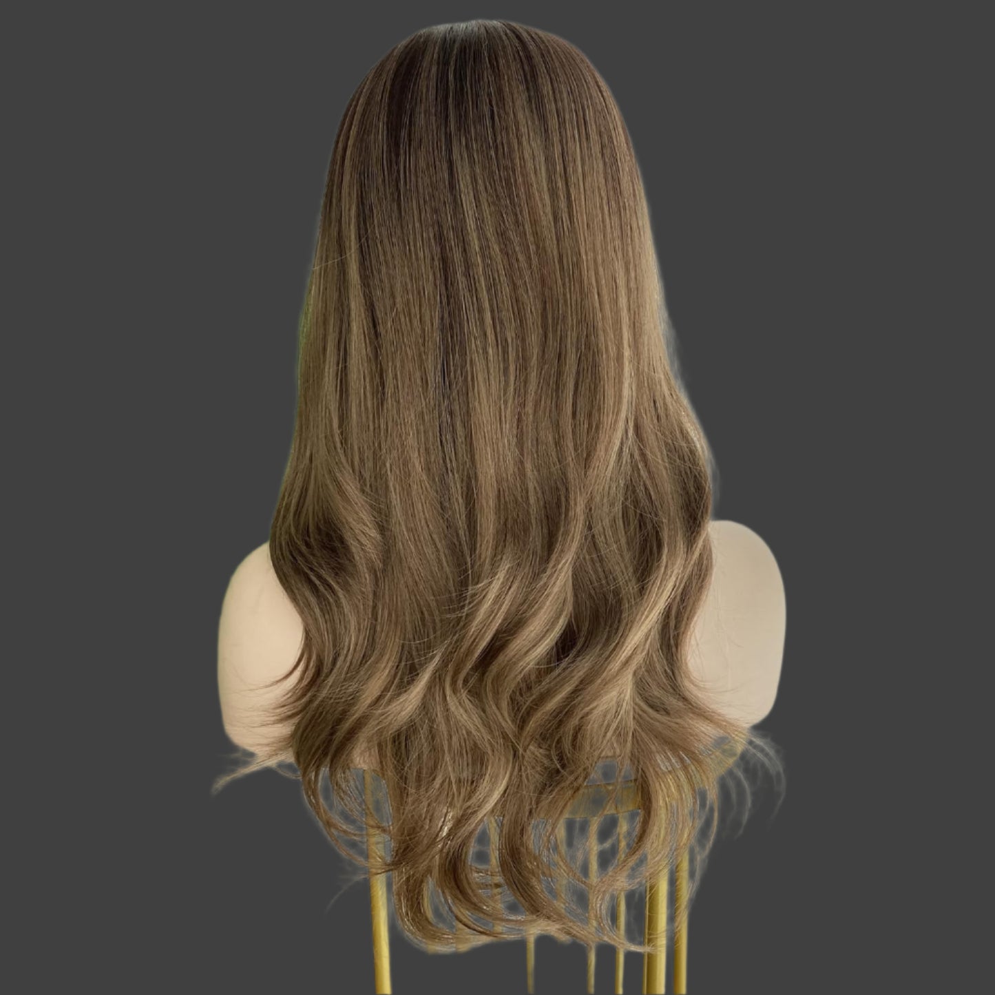 AKA: SAM. Pastel Brown Wigs Highlight Blonde with Curtain Bangs 13x4 Lace Front Wig Long Natural Wavy Synthetic Fiber 20Inch Pre Plucked Hairline for Women
