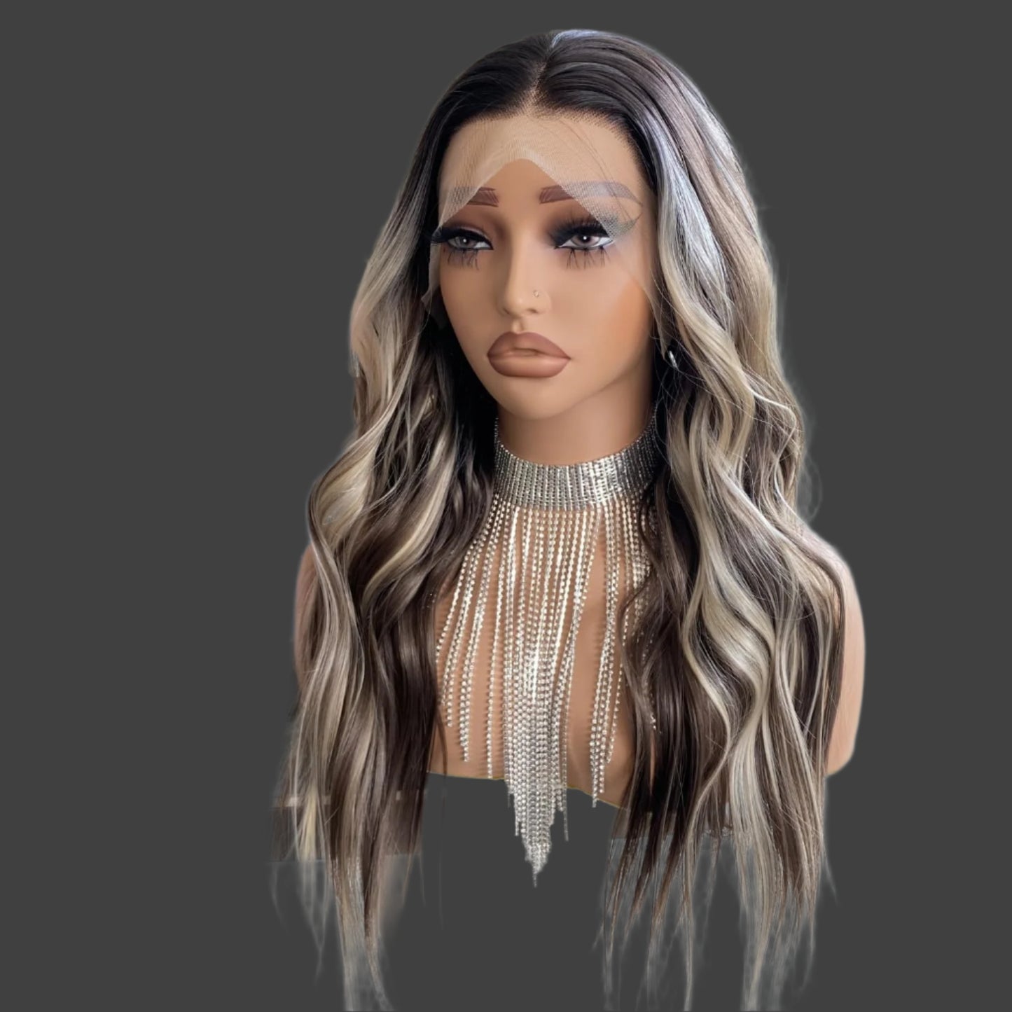 AKA SHERRY BROWN WITH LIGHTS. Brown Highlight Blonde Wig Ombre Dark Root 13x4 Lace Front Wigs Pre Plucked Long Loose Wave Platinum Synthetic Fiber Hair 20Inch for Women