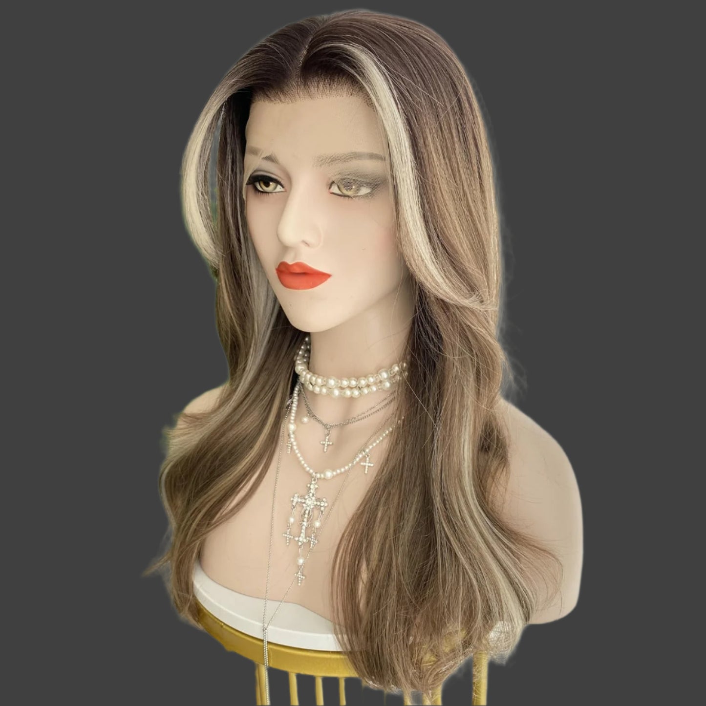 AKA: SAM. Pastel Brown Wigs Highlight Blonde with Curtain Bangs 13x4 Lace Front Wig Long Natural Wavy Synthetic Fiber 20Inch Pre Plucked Hairline for Women