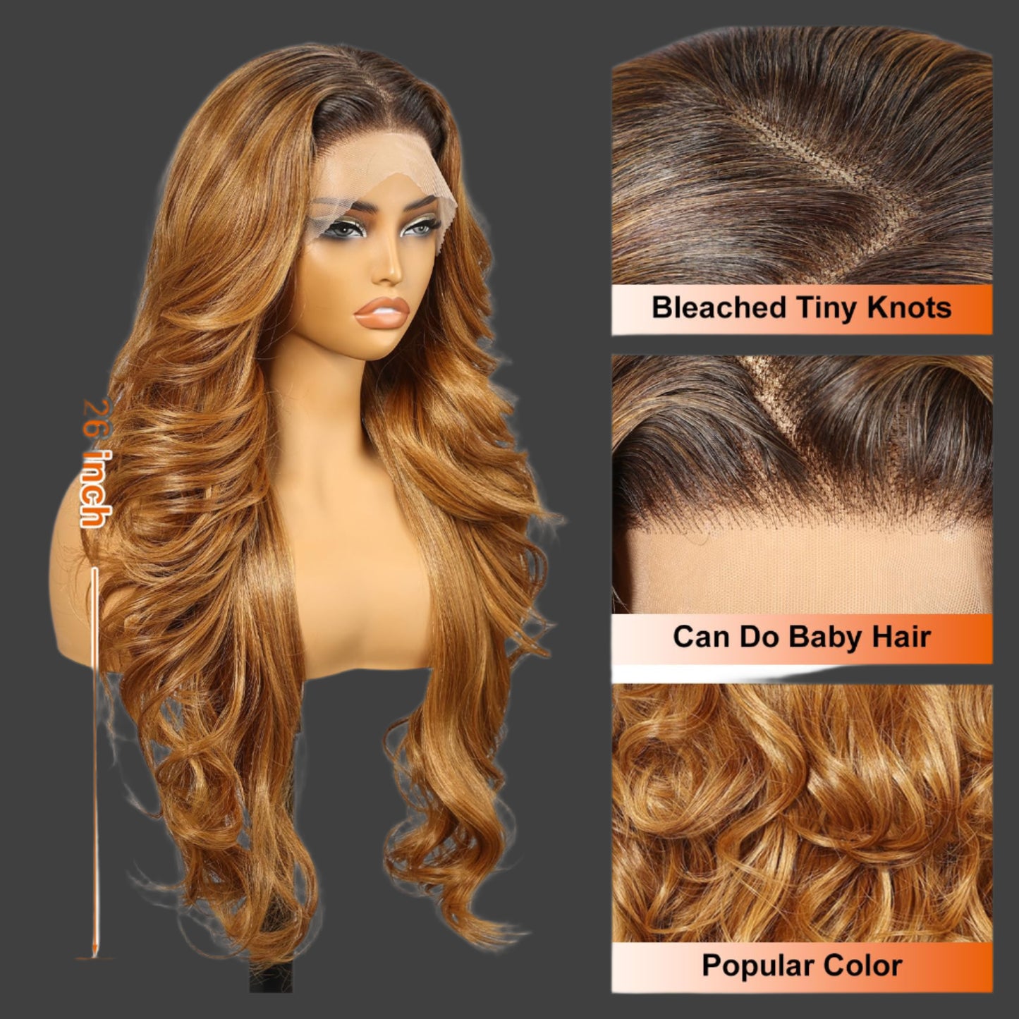 AKA LANEY COPPER. Honey Blonde Synthetic Lace Front Wig,13×6 Body Wave HD Lace Glueless Wig for Women Daily Use 26IN