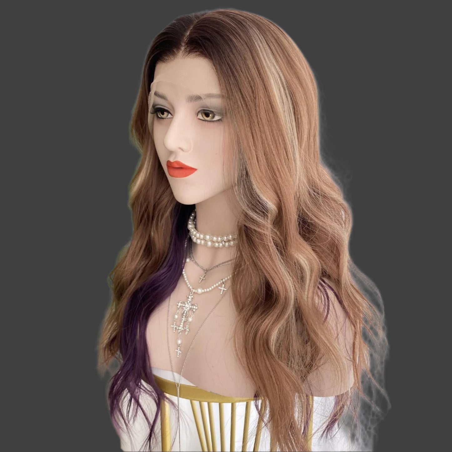 Honey Blonde Wigs Highlight Blonde and Purple 13x4 Synthetic Fiber Lace Front Wig Long Loose Body Wave 20Inch Pre Plucked Hairline for Women