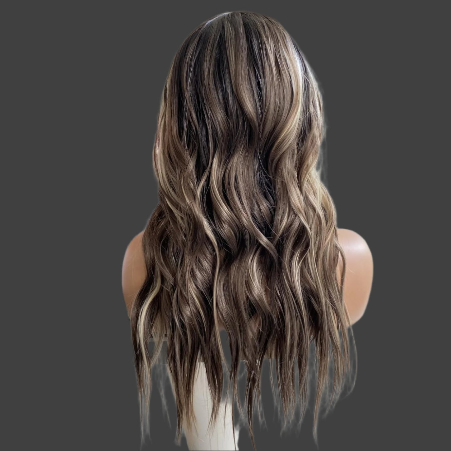 AKA SHERRY BROWN WITH LIGHTS. Brown Highlight Blonde Wig Ombre Dark Root 13x4 Lace Front Wigs Pre Plucked Long Loose Wave Platinum Synthetic Fiber Hair 20Inch for Women