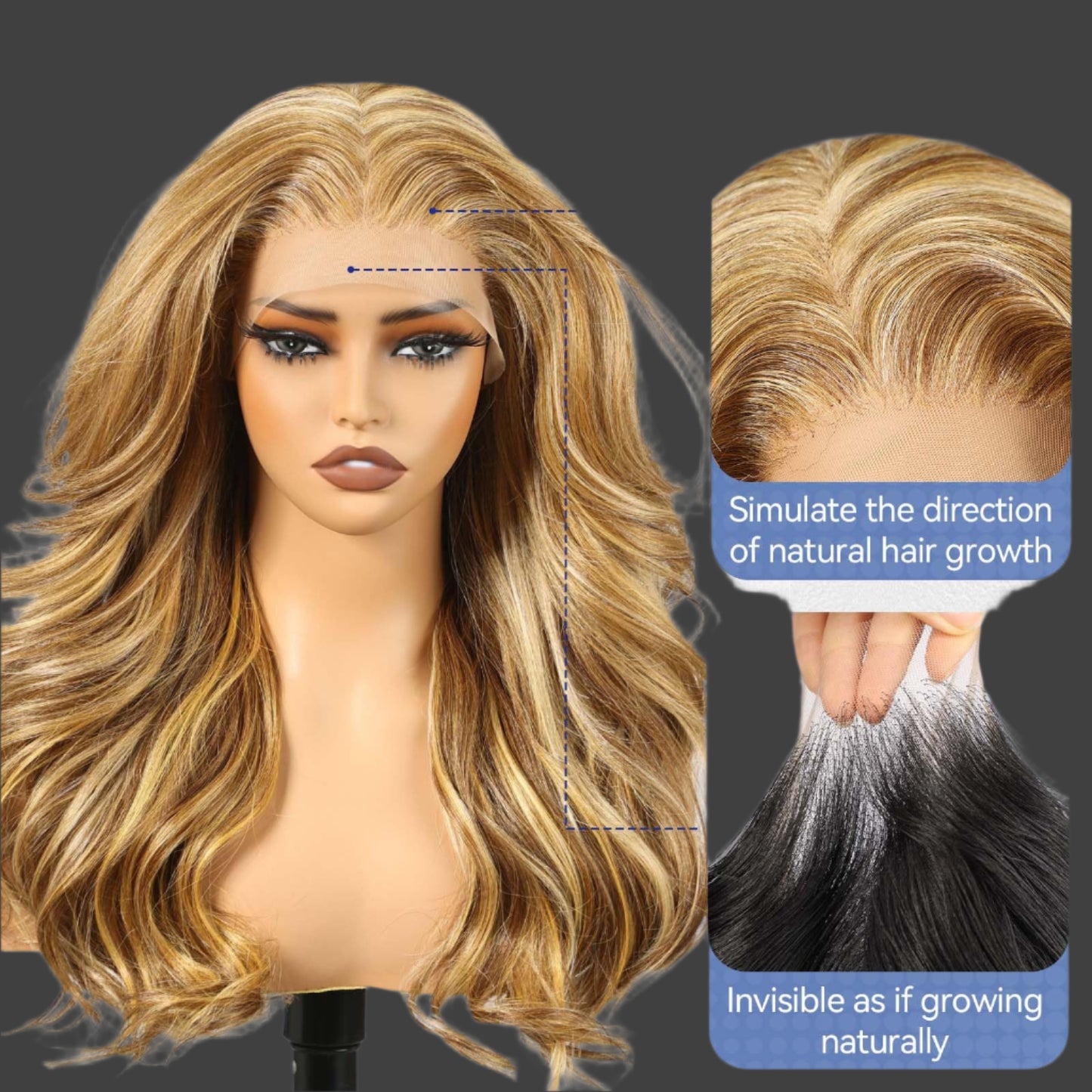 13x6 HD Synthetic Lace Front Wig, 24 Inch Blonde Highlights Long Curly Layered Wigs, Natural Density Hairline Glueless Wigs for Women Daily Use