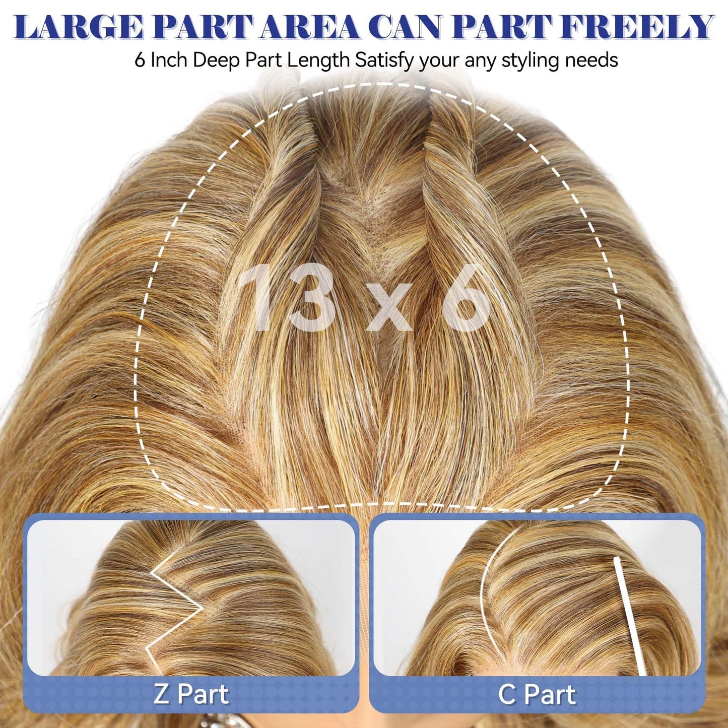 13x6 HD Synthetic Lace Front Wig, 24 Inch Blonde Highlights Long Curly Layered Wigs, Natural Density Hairline Glueless Wigs for Women Daily Use