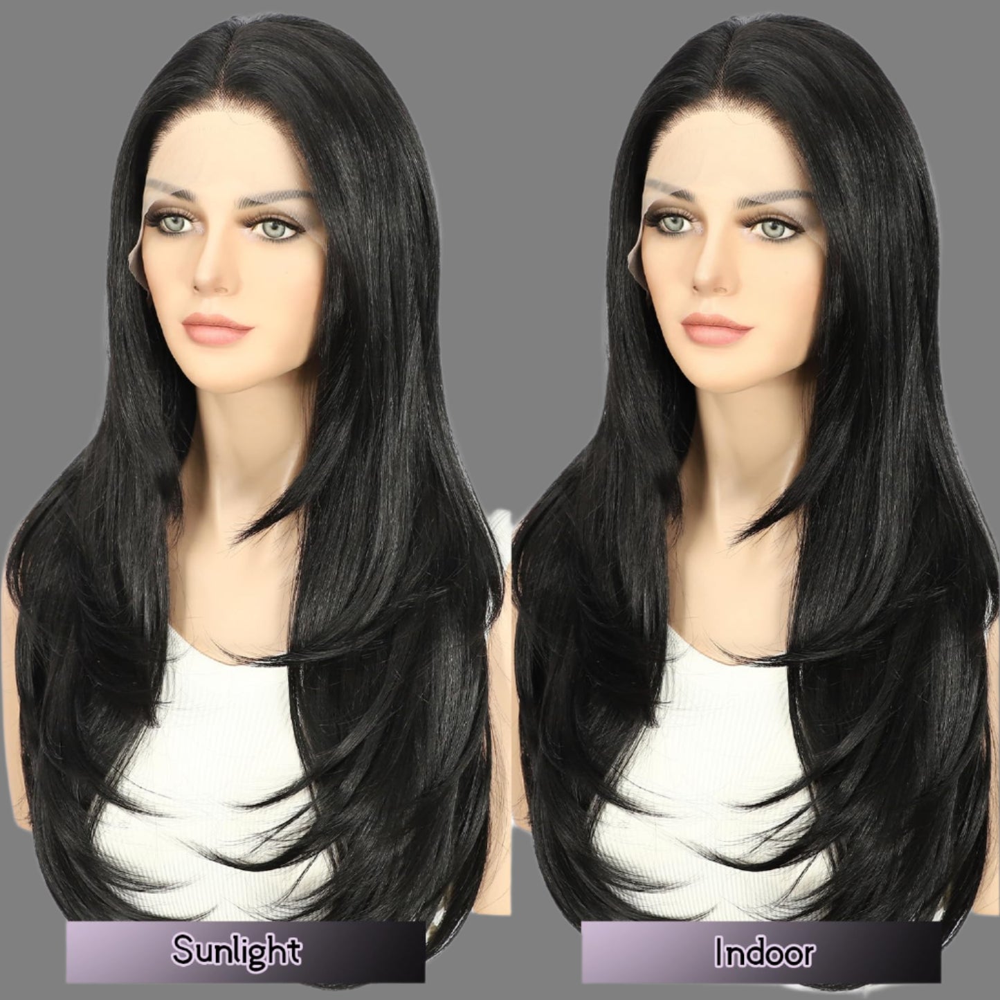 AKA NANCY. Straight Lace Front Wig 13x4 Natural Black Synthetic Lace Front Yaki Straight layered Wigs Middle Heat Resistant Hair Cosplay Daily Party Wig Natural Looking 20 Inch