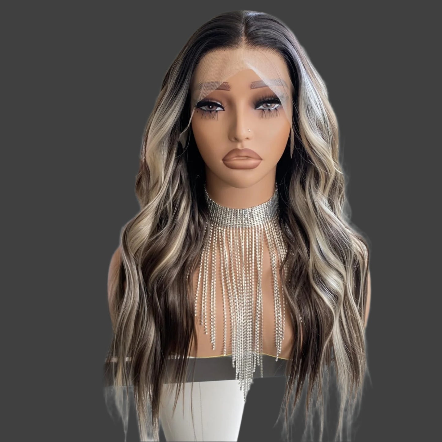 AKA SHERRY BROWN WITH LIGHTS. Brown Highlight Blonde Wig Ombre Dark Root 13x4 Lace Front Wigs Pre Plucked Long Loose Wave Platinum Synthetic Fiber Hair 20Inch for Women