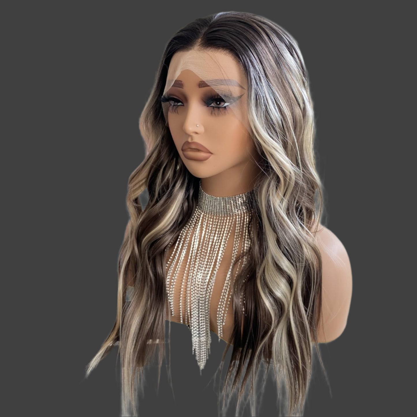 AKA SHERRY BROWN WITH LIGHTS. Brown Highlight Blonde Wig Ombre Dark Root 13x4 Lace Front Wigs Pre Plucked Long Loose Wave Platinum Synthetic Fiber Hair 20Inch for Women