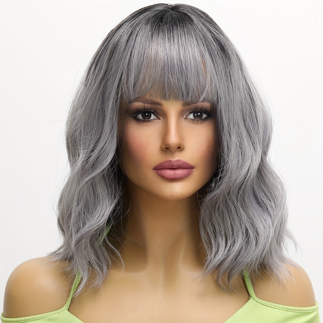 Shoulder-length Curly Wavy Gray Wig, Airy Bangs And Dark Roots, Synthetic Fiber Wig, Casual Urban Style, Suitable For Parties And Daily Wear, Easy To Manage, 16 Inches Long.