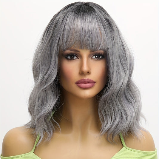 Shoulder-length Curly Wavy Gray Wig, Airy Bangs And Dark Roots, Synthetic Fiber Wig, Casual Urban Style, Suitable For Parties And Daily Wear, Easy To Manage, 16 Inches Long.