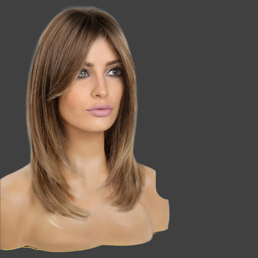 Woven Wigs Elegant Straight Haircut with Bangs, Middle Part Clavicle Length, High Temperature Fiber Synthetic Wig for Women, 150% Density, Rose Net Cap, Brown Daily Style