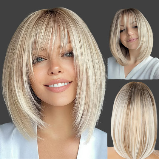Lightweight Breathable Synthetic Hair Wig with Bangs - 150% Density Straight Light Brown Rose Net Cap for Women, Natural Look for Music Festivals, Parties & Casual Attire - Unique Gift Idea