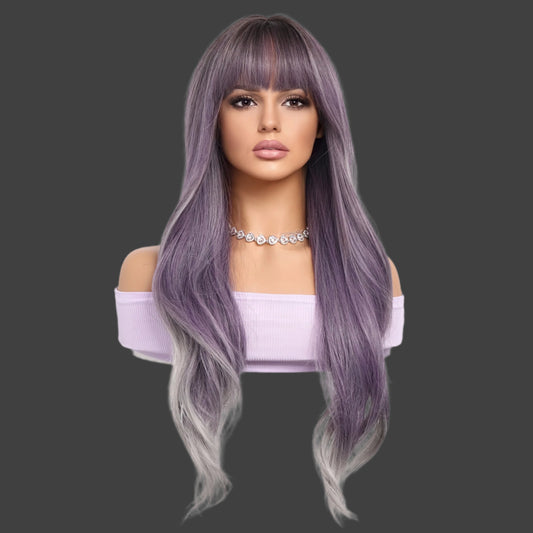 28 Inch Synthetic Fiber Purple Gray Gradient Wavy Bangs Wig, Showcasing Your Unique Charm
