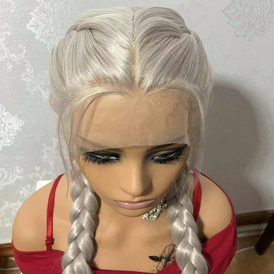 26 Inch Silvery Gray Double Braid Synthetic Wig Blonde Lace Front Braid Wigs for Women Hair Heat Resistant Fiber Braiding Hair Platinum Blonde Halloween