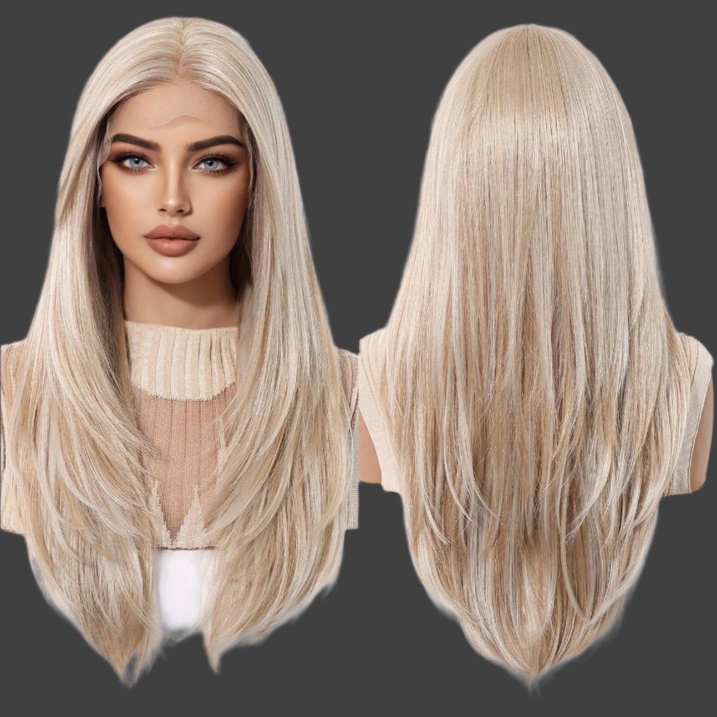 AKA:  STACI.   13x6 HD Transparent Lace Front Wig 22 Inch Glueless Synthetic Hair Wig - Heat Resistant 150% Density Straight Hair for Daily Wear, Parties, Music Festivals & Christmas - Natural Look & Comfort Fit