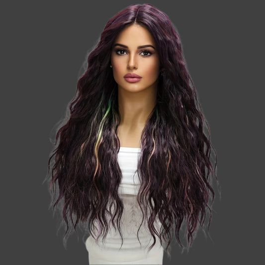 AKA:  ZEPPELIN.  24 inch wine red gradient highlight dyed curly hair - glueless synthetic lace front wig made of heat-resistant fibers, creating a relaxed style - long, curly, natural - perfect for daily wear, parties, and role-playing fun