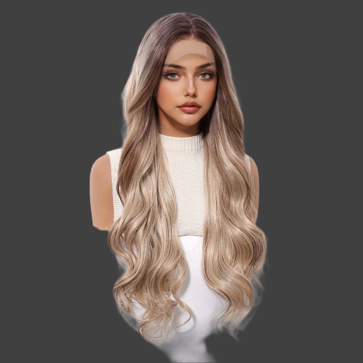 13x4 HD Transparent Lace Front Wig 26 Inch Dark Roots Gradient Golden Brown Body Wave Synthetic Hair - Glueless Pre-Plucked Comfort Fit Lace Wig for Women, Daily & Party Wear, Breathable 150% Density Elegant Versatile Style, Synthetic Lace Front Wig, Ver