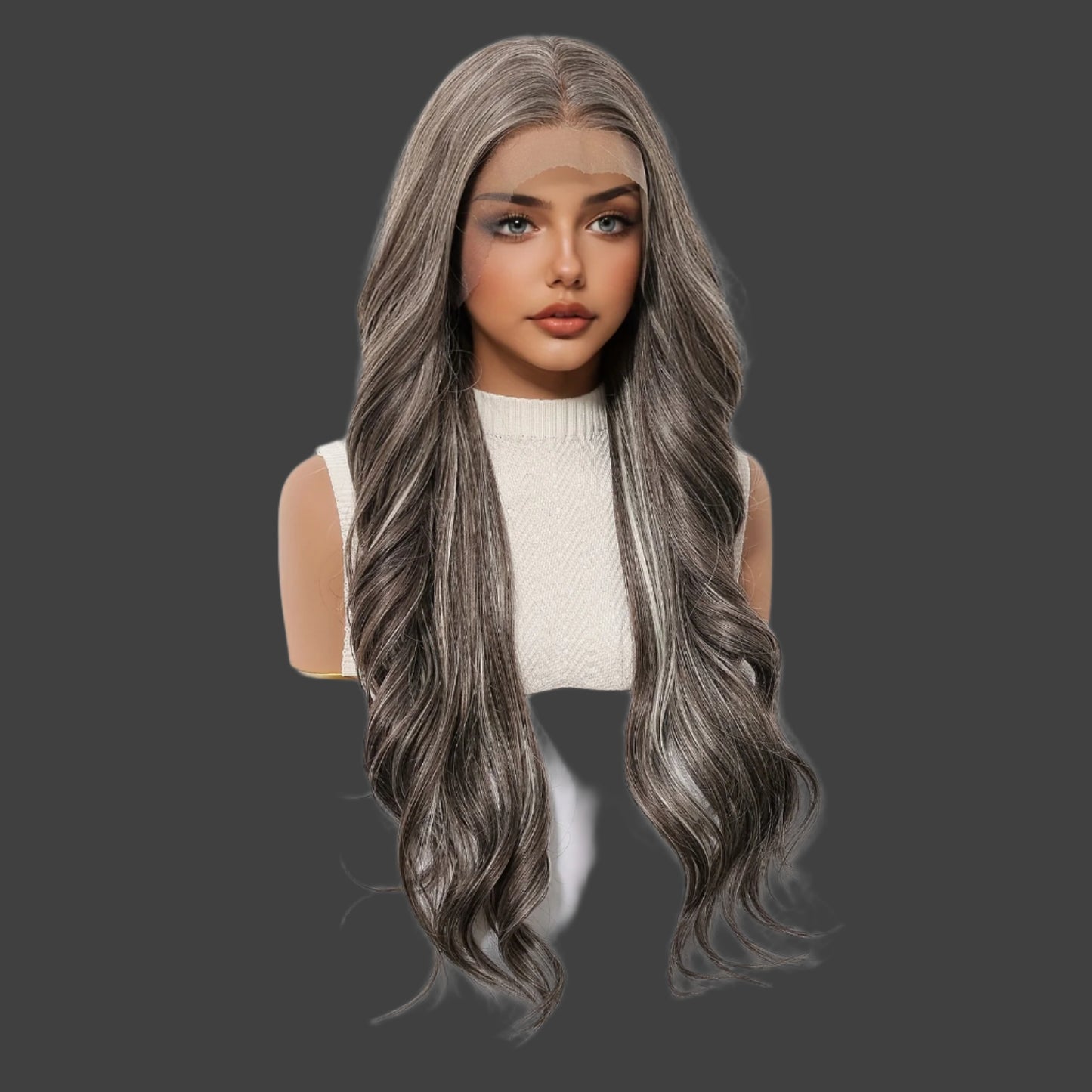13x4 HD Transparent Lace Front Wig 26 Inch Grey Highlight Body Wave Synthetic Hair - Glueless Pre-Plucked Comfort Fit Breathable Lace 150% Density for Daily Wear & Parties Women of All Ethnicities, Synthetic Lace Front Wig, Versatile Hairpiece