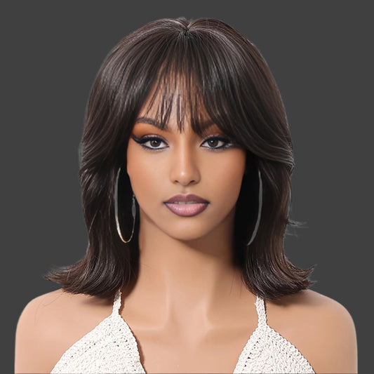 Chic Shoulder-Length Synthetic Bob Wig - Modern Synthetic Bob Wig With Bangs Natural Dark Brown Layered Hairpiece With Soft Face-Framing Layers, Heat-Friendly Fibers For Daily Wear, Cosplay & Office Style (Universal Fit For Women/Men)