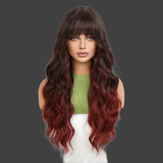 26 Inches Women'S Elegant Brown Gradient Red Curly Hair Wig With Bangs Chemical Fiber Wig, Daily Travel, Party, Mother'S Day, Cos And Other Occasions To Wear, Mother'S Day Gift Preferred, Free Hair Net, Newbie Can Wear
