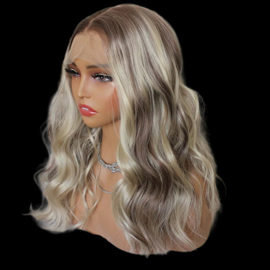Aisom Ombre Blonde Part Lace Front Synthetic Wig For Women Body Wave Lace Front Wig Highlight Wig 16inch
