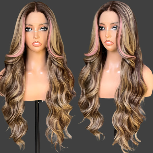 Pink Highlight Wig Lace Front Wigs 30 Inch Glueless Wig Body Wave for Women Pre Plucked with Baby Hair Highlight Color Forehead Brown Highlight Synthetic Wig
