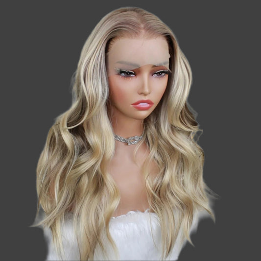 13x4 Highlight Lace Front Wigs Body Wave Hair Pre Plucked Glueless Wigs Blonde Mix Brown Colored Synthetic Lace Front Wig 22Inch