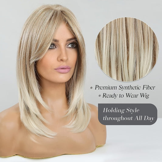 Ombre Blonde Wigs For Women Shoulder Length Layered Straight Synthetic Hair Wig With Curtain Bangs Daily Party Use Wig