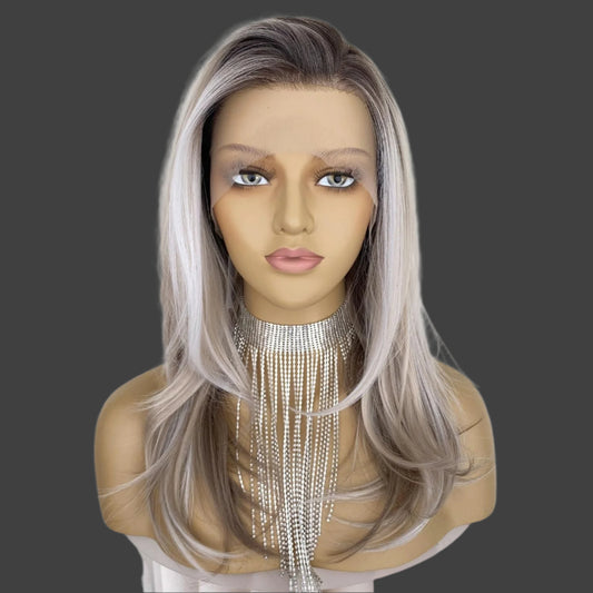 Platinum Gold Wigs Highlight Silver Hair 13x4 Lace Front Wig Ash Blonde Synthetic Fiber 18Inch Pre Plucked