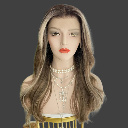 AKA:  SAM. Pastel Brown Wigs Highlight Blonde with Curtain Bangs 13x4 Lace Front Wig Long Natural Wavy Synthetic Fiber 20Inch Pre Plucked Hairline for Women
