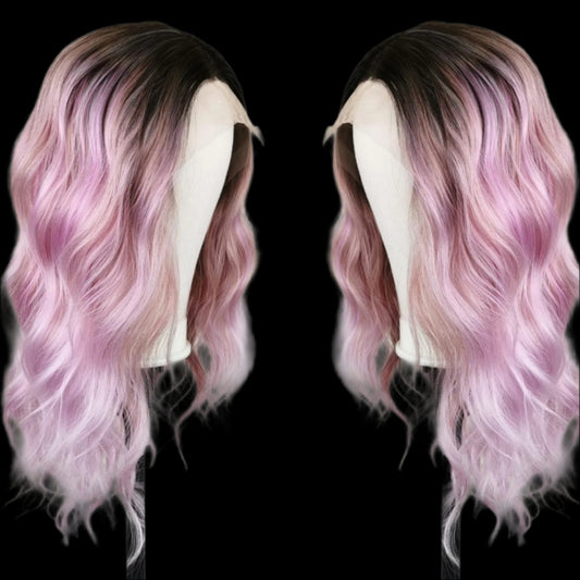 AKA;  ROSALEE.   Ombre Pinkish Mixed Purple Wig Rainbow Colored Highlight Synthetic Hair Pastel Rose Pink 13x4 Lace Front Wigs Loose Wavy 18Inch for Women Girls