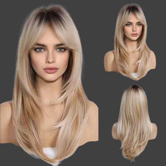 AKA DAINA.   Blonde Wigs Long Curly Wigs Shoulder Length Heat Resistant Synthetic Wigs for Women with Bangs
