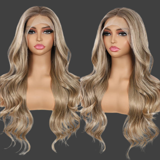 AKA: COOKIE PEANUT BUTTER. Blonde Lace Front Wig for Women 13x4 Body Wave Synthetic Wigs Highlight Pre-plucked Long Wavy Wig 150% Density Heat Resistant Hair Replacement Wigs 26 Inch